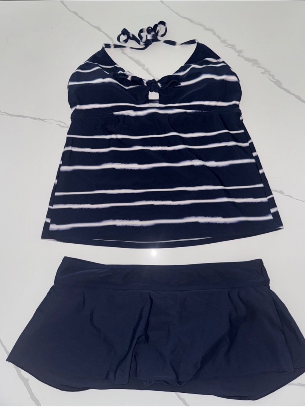 Kona Sol Navy & White Striped Tankini with Swim Skirt